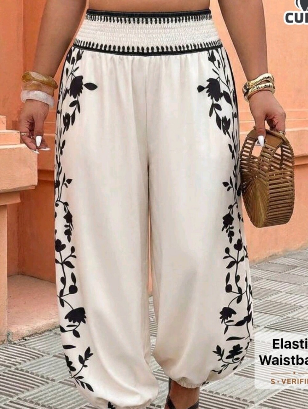 SHEIN Cream Harem Pants with Black Floral Trim - Picture 5 of 5